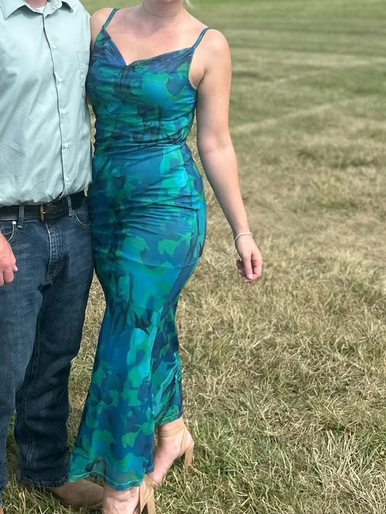 Blue Green Floral Slip Dress with Cowl Neck - Picture 2 of 3